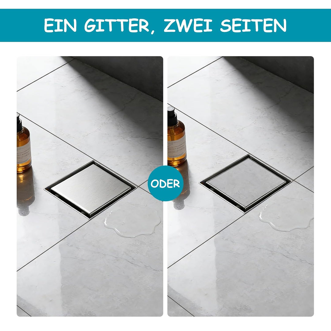 10x10cm Quadratischer Bodenablauf mit 360°Siphon - 2 in 1 Befliesbar Ablaufrinne Duschablauf, 2 Abla