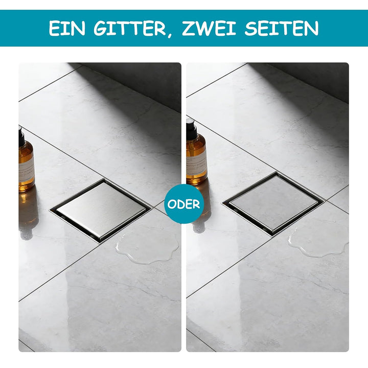 10x10cm Quadratischer Bodenablauf mit 360°Siphon - 2 in 1 Befliesbar Ablaufrinne Duschablauf, 2 Abla
