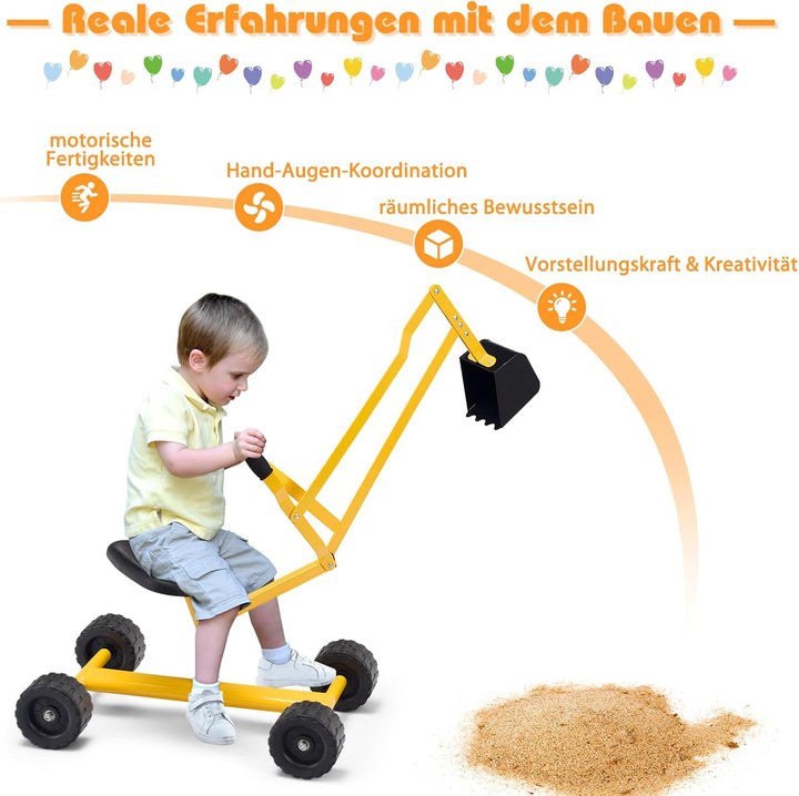 GOPLUS Kinder Sitzbagger, Sandbagger Aufsitzbagger mit 360°drehbarem Sitz & grosser Schaufel & Gummi