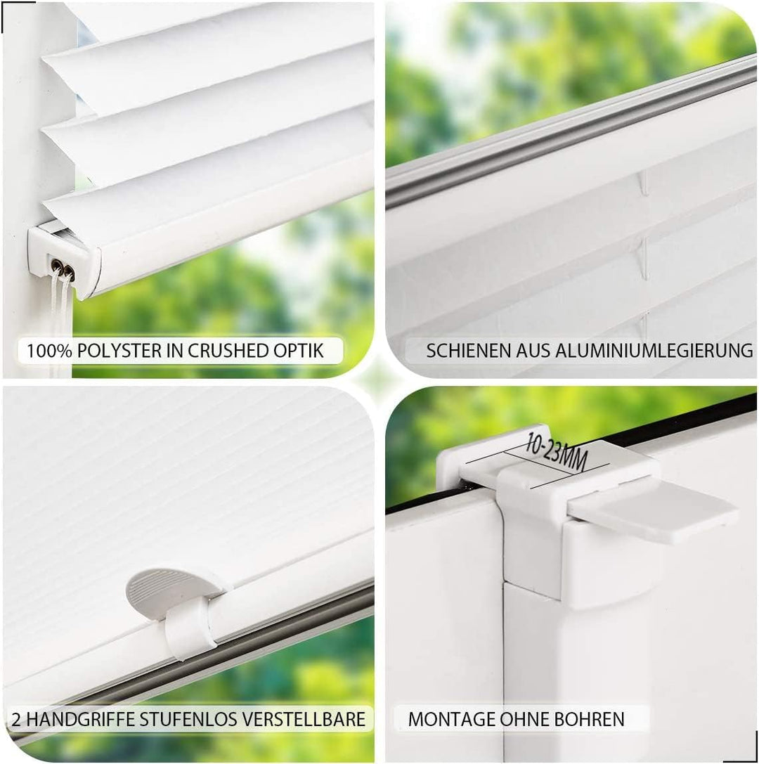 OUBO Plissee Klemmfix ohne Bohren Aluminium-Schienen, Weiss 35 x 150cm(BxH), lichtdurchlässig & Blic