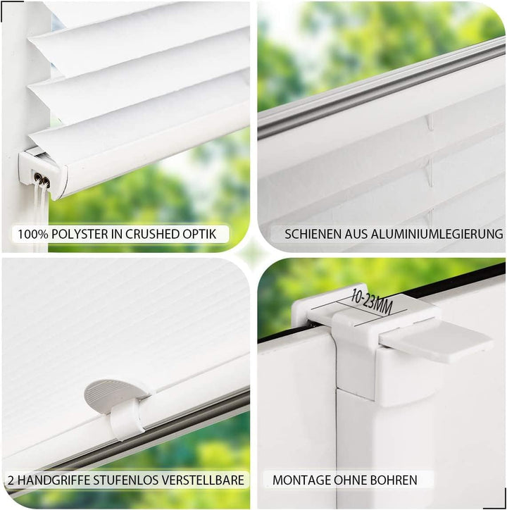 OUBO Plissee Klemmfix ohne Bohren Aluminium-Schienen, Weiss 35 x 150cm(BxH), lichtdurchlässig & Blic