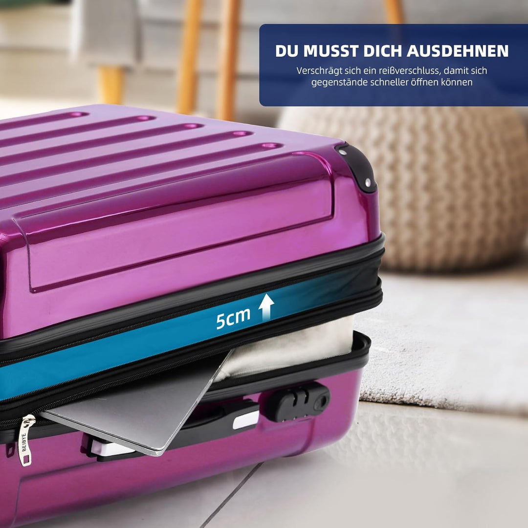 BEIBYE- 3er Kofferset Hartschalen-Koffer Reisekoffer Trolley Rollkoffer Set Reisekofferset (Lila), L