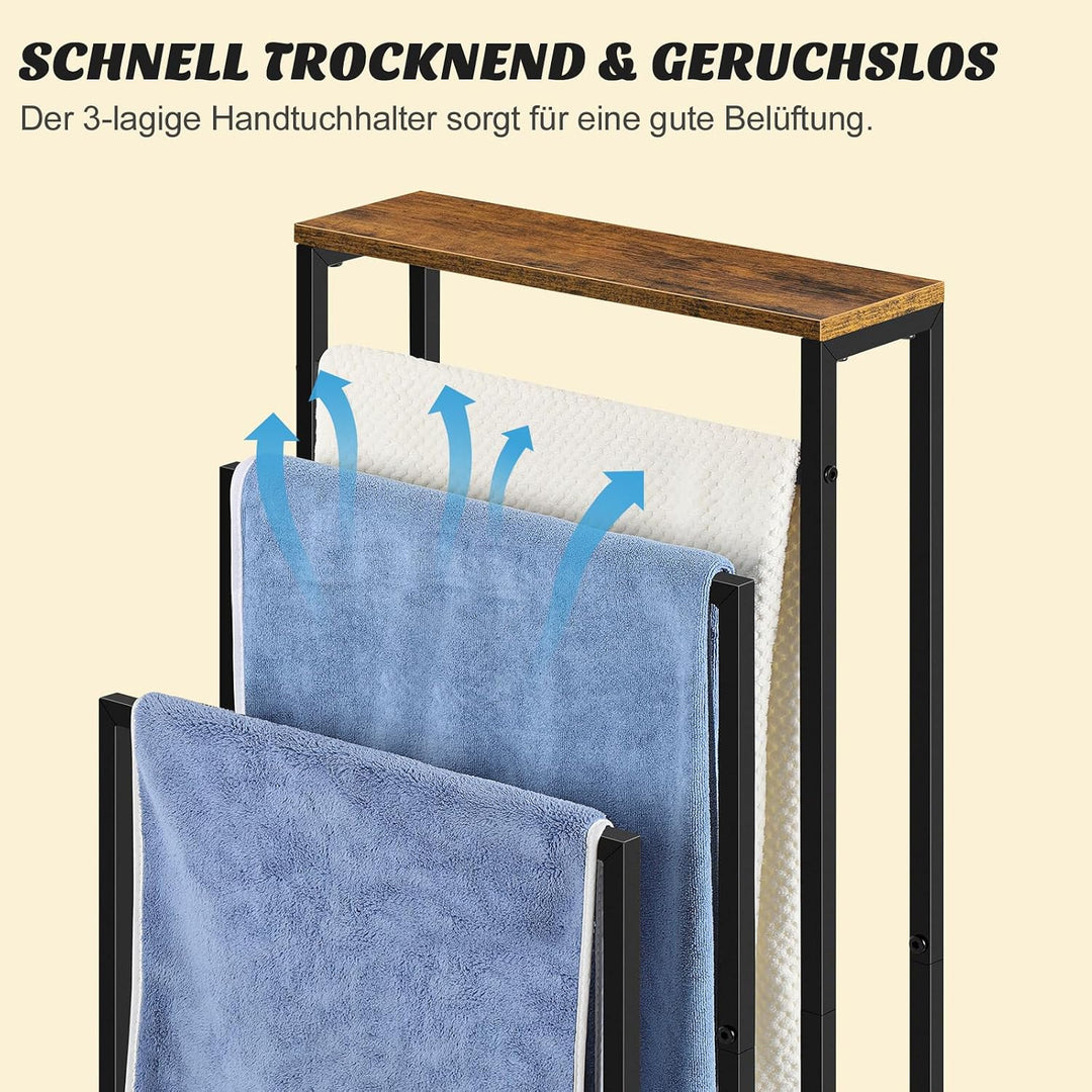smusei Handtuchhalter Stehend, 3-Stufiger Handtuchständer mit Holz Ablage, Badetuchhalter Edelstahl
