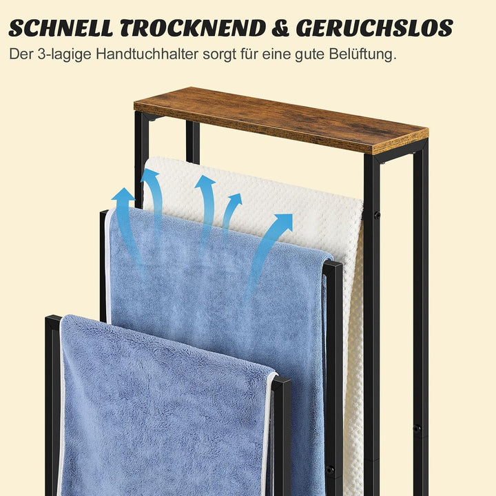 smusei Handtuchhalter Stehend, 3-Stufiger Handtuchständer mit Holz Ablage, Badetuchhalter Edelstahl