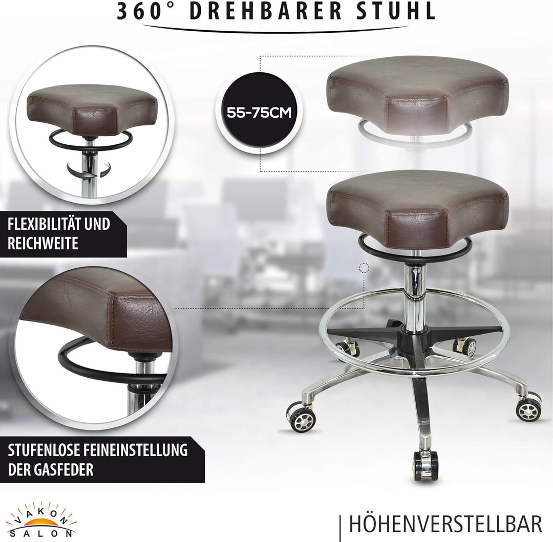 VAKON SALON - Design ergonomischer Rollhocker auf Rollen Braun - Höhenverstellbarer von 55 bis 75 cm
