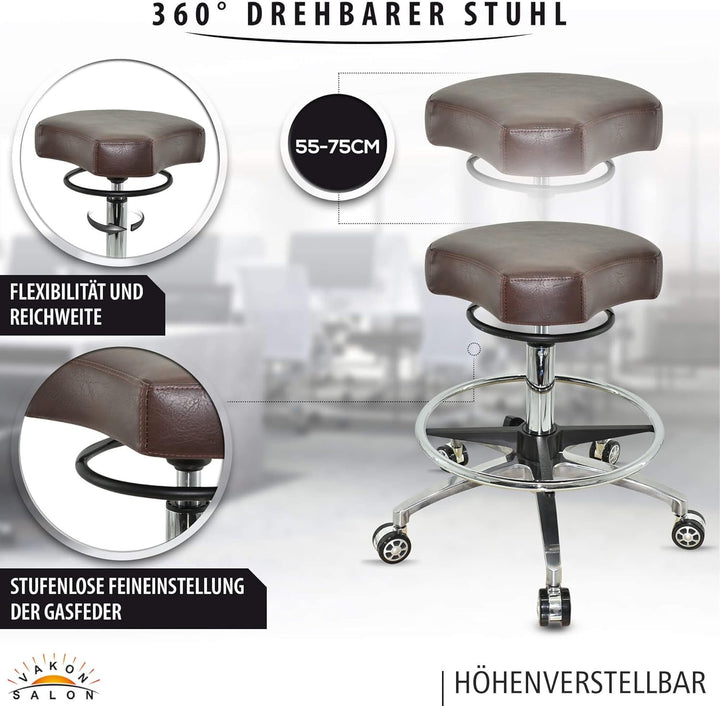 VAKON SALON - Design ergonomischer Rollhocker auf Rollen Braun - Höhenverstellbarer von 55 bis 75 cm