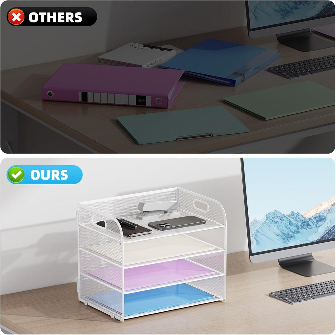 Marbrasse Schreibtisch Ablagen Organizer,4-Stufige Brief Papier Ablage mit Griff,Metall Gitter Desig