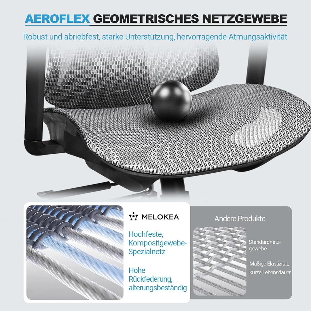Bürostuhl Ergonomisch, 4D-Armlehnen, Verstellbare Sitztiefe, 4-stufige Neigung, Gummirollen, Mesh-Si