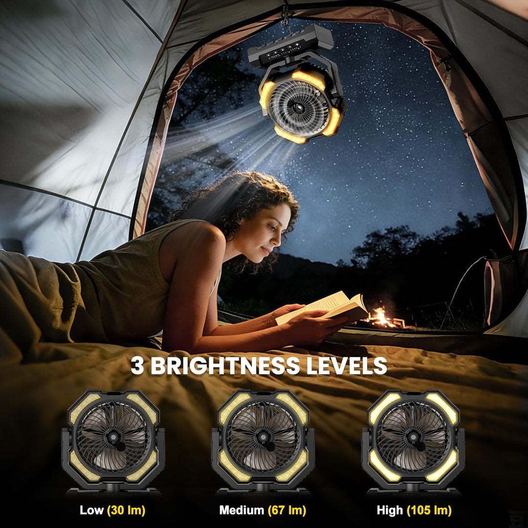 Camping Ventilator mit Sprühkühlung，Akku 20000 mAh & Fernbedienung, 250ml Tank, LED Licht, Aufhängeh