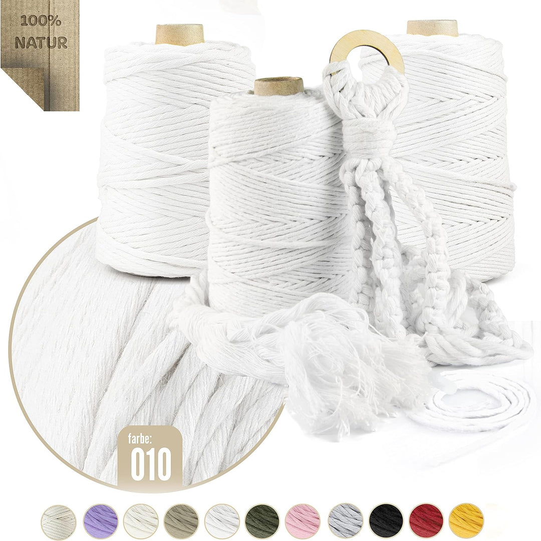 Seiletech.de Premium MAKRAMEE GARN | 900m | 5mm | Weiss | 100% Baumwolle | Kordel Natur | Baumwollga