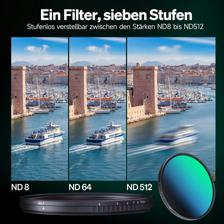 Rollei Variabler ND Filter, F:X Pro Variabler Rundfilter - ND8 bis ND 512 aus Gorilla® Glas mit 3-9