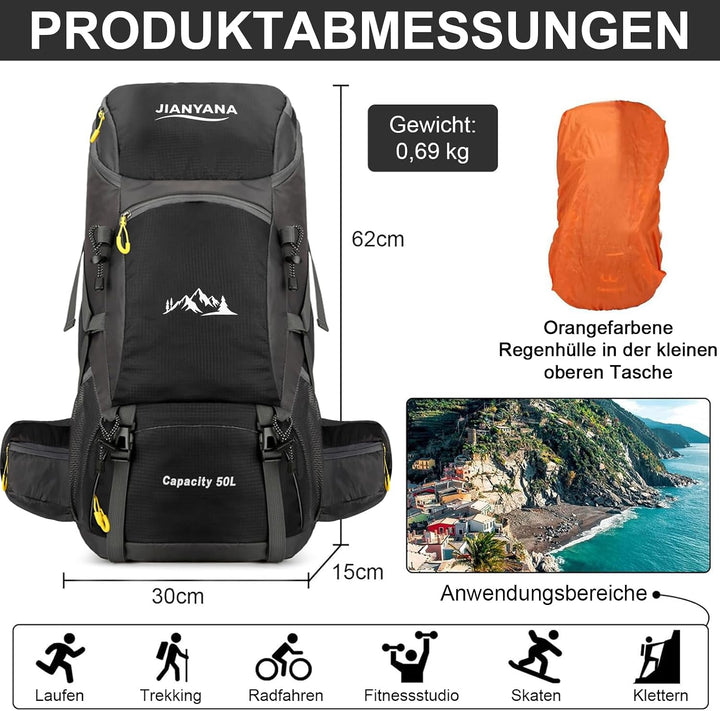 jianyana Wanderrucksack 50L Trekkingrucksack Regenhülle Reiserucksack Wasserdichter Campingrucksack