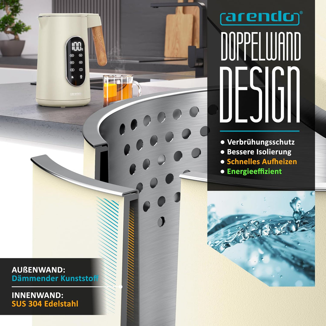 Arendo - Edelstahl Wasserkocher mit Temperatureinstellung 40-100°C - Doppelwand Design Cool Touch -