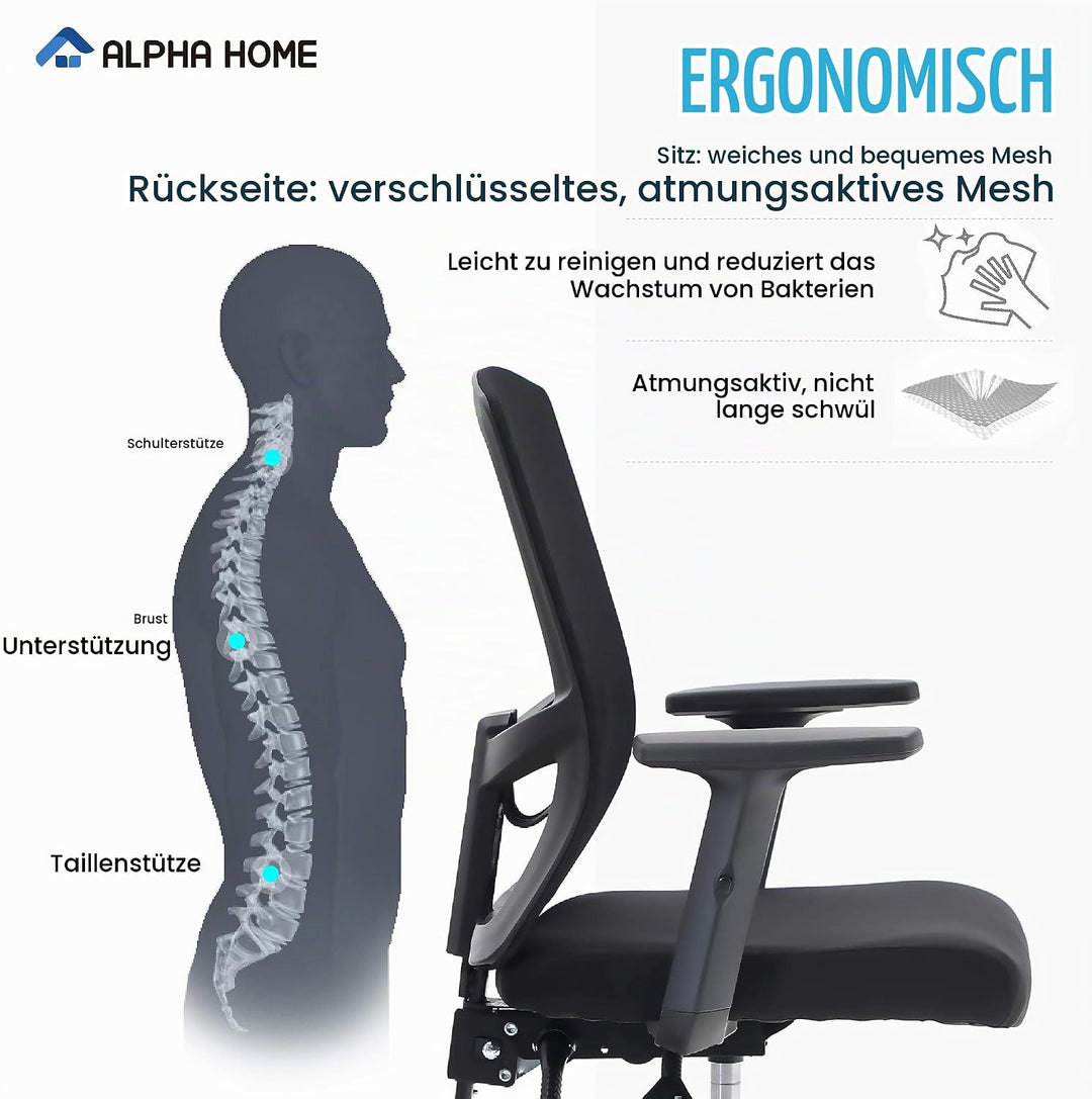 ALPHA HOME Bürostuhl Ergonomischer Schreibtischstuhl Höhenverstellbar Drehstuhl Ergonomisch Computer