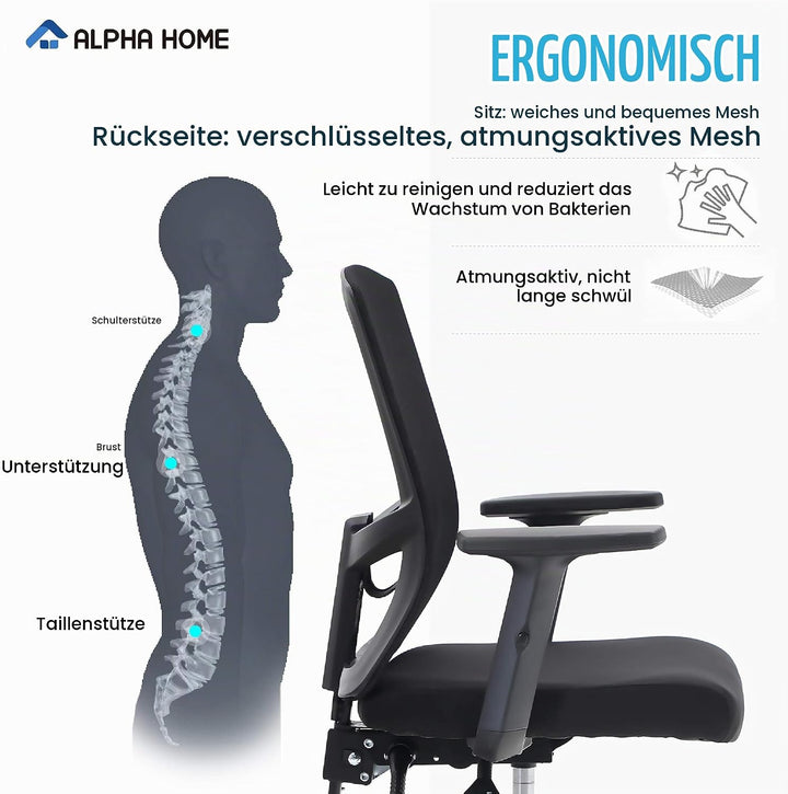 ALPHA HOME Bürostuhl Ergonomischer Schreibtischstuhl Höhenverstellbar Drehstuhl Ergonomisch Computer