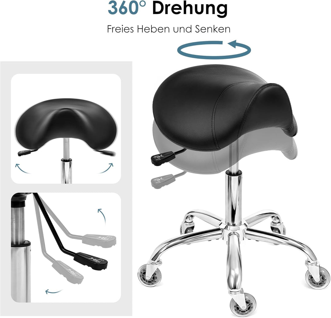 BEWISHOME Sattelhocker mit Rollen,Schwenkbarer,Verstellbarer Rollhocker, strapazierfähiges PU-Leder