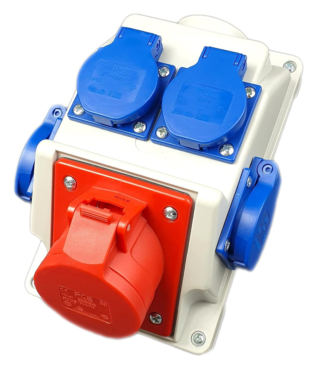 RoadEu Kombi Wandsteckdose 16A 5P mit 4x 230V Schuko. CEE Steckdose 16A. Starkstrom Steckdose IP44 f