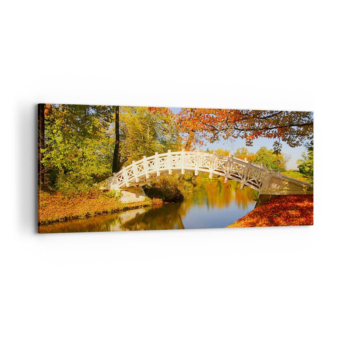 Wandbilder Dekoration Wohnzimmer Stream Fussgängerbrücke Herbst Panorama Bilder auf Leinwand 120x50c