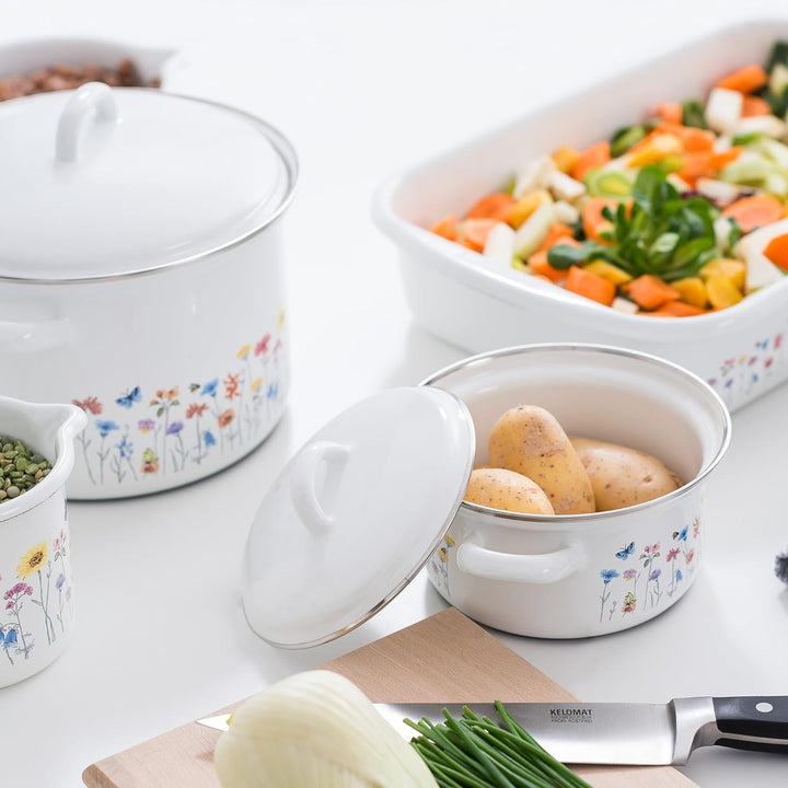 Riess, 0558-070, Emaill-Set, Topfset 5-TLG, bestehend aus Fleischtöpfe 16, 20 und 22 cm, Kasserolle