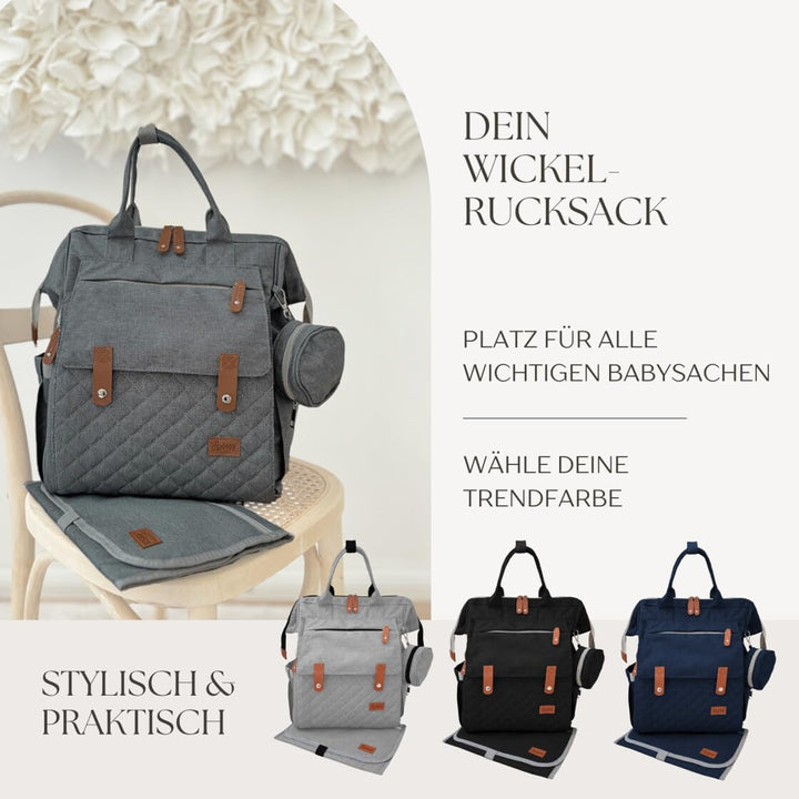 Wickelrucksack inkl. Wickeltunterlage, Wickeltasche gross viel Stauraum, Baby Rucksack für unterwegs
