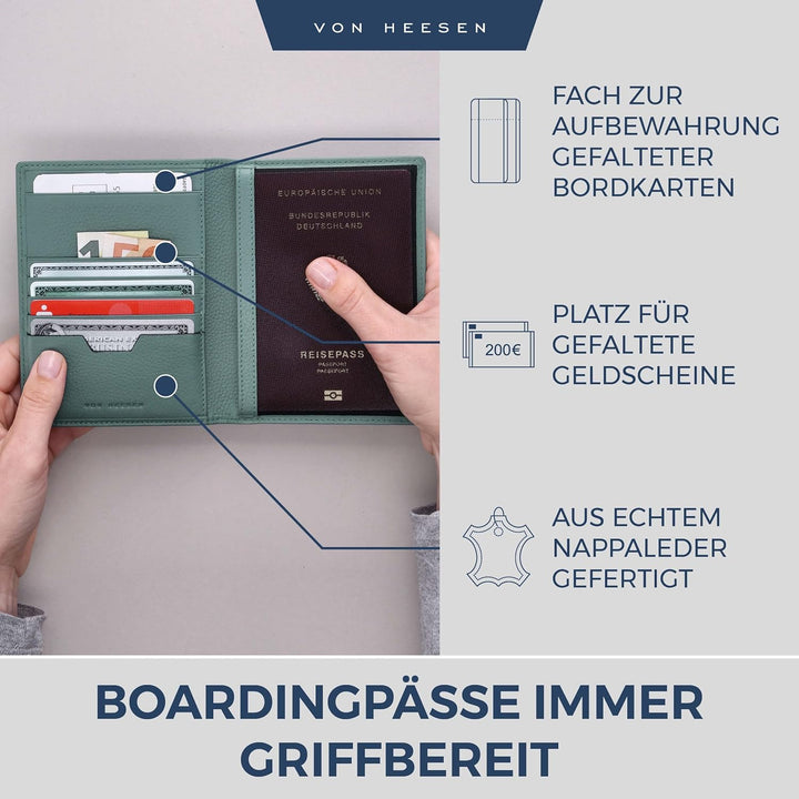 VON HEESEN® Reisepasshülle Leder Etui mit RFID-Schutz - Passhülle Passport Reisepass Mappe Hülle Org