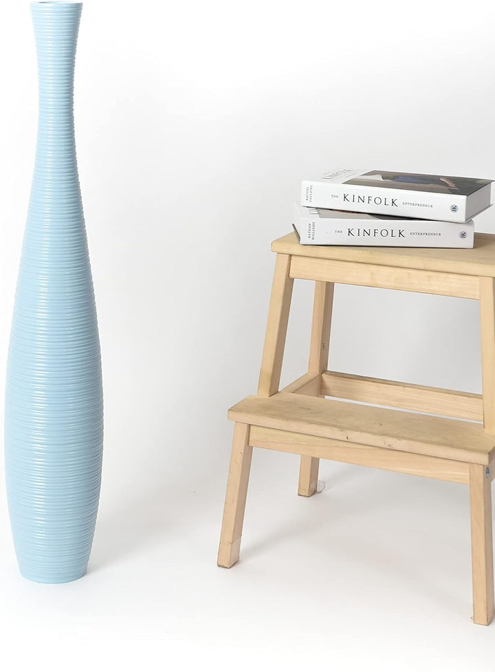 Leewadee Grosse Bodenvase für Dekozweige hohe Standvase Design Holzvase, Holz, 90 cm, Hellblau 90 cm