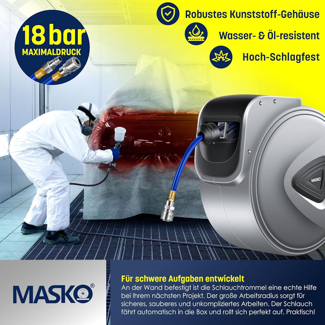 MASKO® Automatik Druckluftschlauch Aufroller 30m – Schlauchtrommel mit 1/4" Anschluss, Schlauchaufro