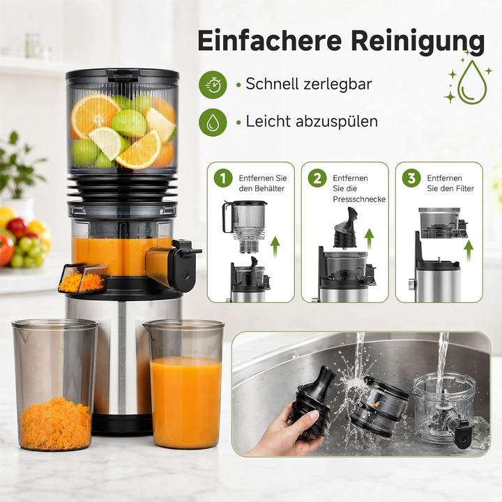 AMZCHEF Entsafter - Slow Juicer mit 158 mm grossem Einfüllschacht Extra Large Silber/Schwarz, Extra