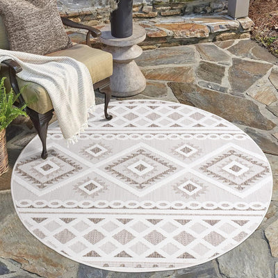 payé Teppich Outdoor Indoor - Rund 120cm - Raute Ornamente Creme Braun Weiss - Boho Design Modern Vi