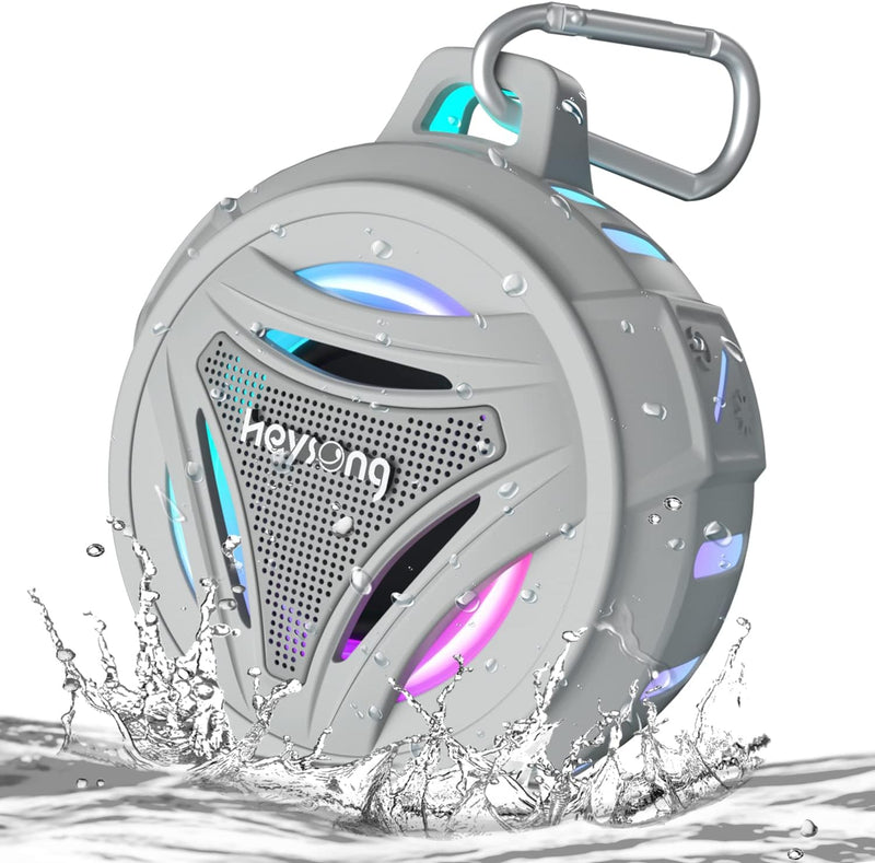 HEYSONG Tragbarer Bluetooth-Lautsprecher, IPX7 Wasserdicht Dusche Musikbox mit Licht, Dualen Bass-Tr