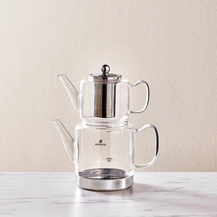 Karaca Dora Borosilikatglas Teekannen-Set mit Edelstahl-Teesieb, 2 L Kessel & 1 L Glas Teekanne mit