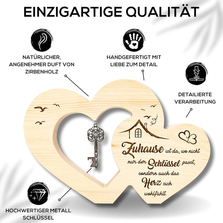 sagl.tirol Geschenkidee zum Einzug I Doppelherz aus Zirbenholz mit Schlüssel I 100% Naturprodukt I E