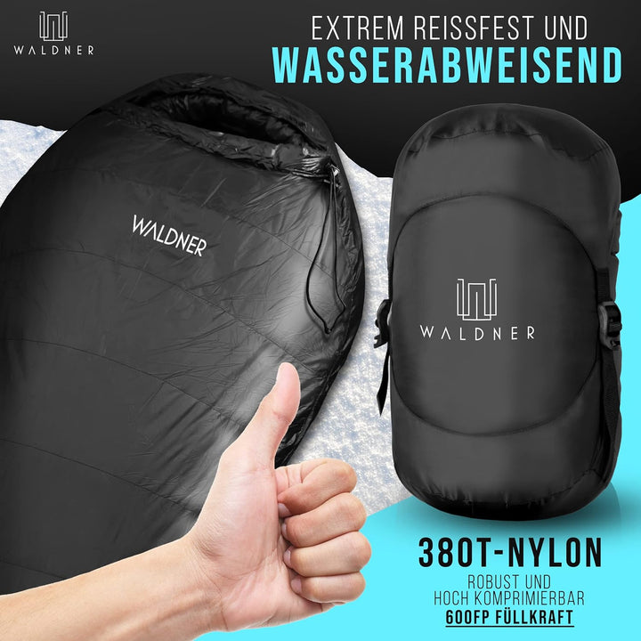 WALDNER Daunenschlafsack Ultraleicht, kleines Packmass, 4 Jahreszeiten, 800g Daunen, 600FP Bauschkra