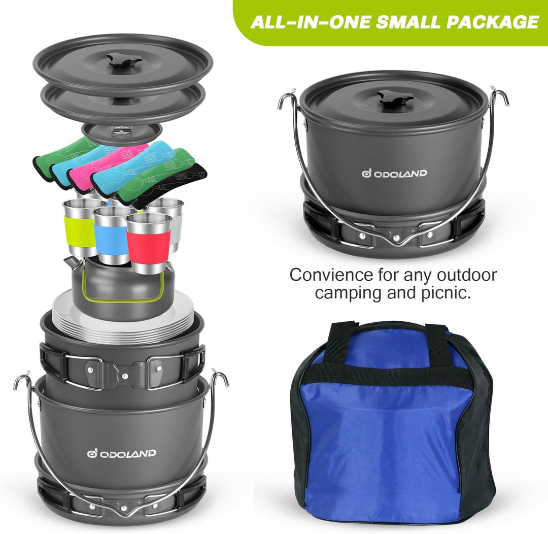 Odoland Camping Geschirr Set, Kochgeschirr für Outdoor Kochen für Camping, Rucksacktourismus, Kochen