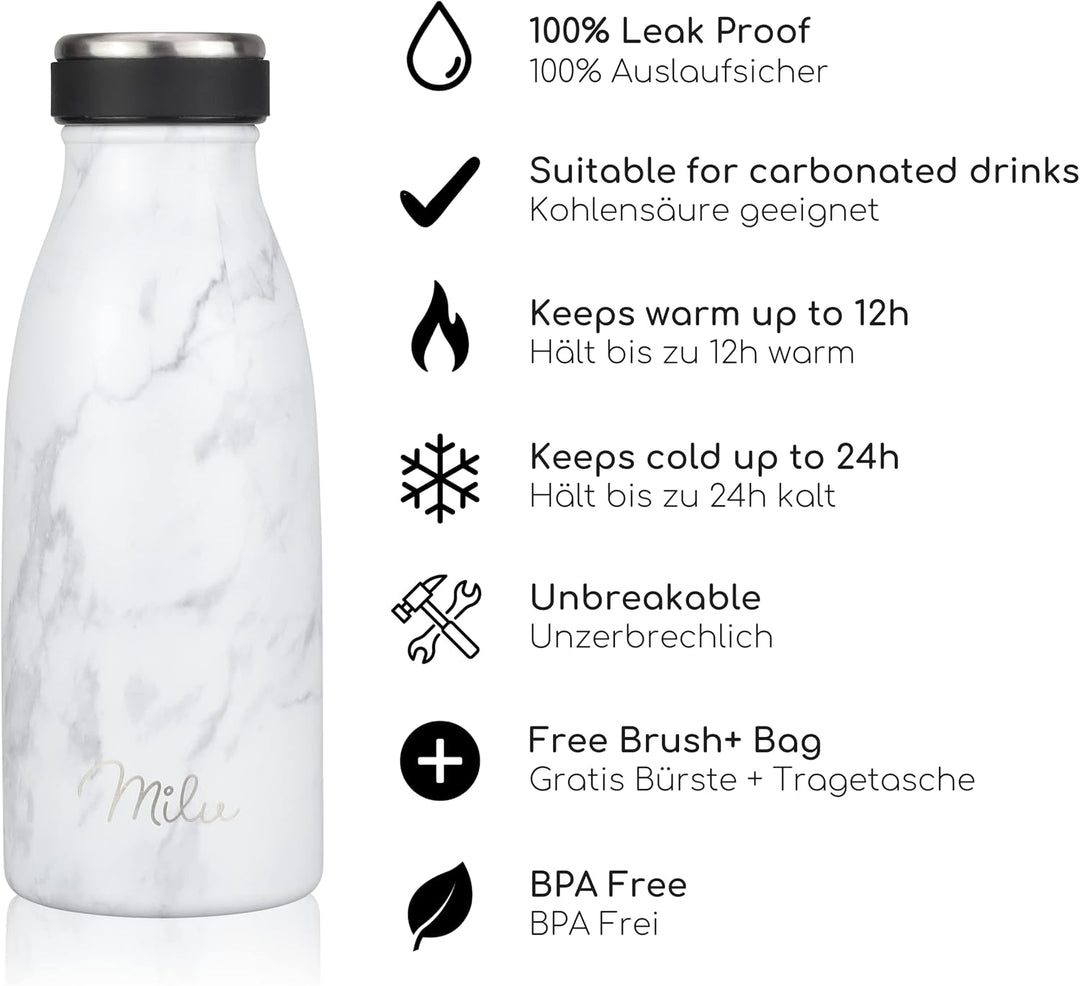 Milu Edelstahl Trinkflasche 350ml, 500ml, 750ml, 1L, 1,5L – Thermosflasche für Kinder Erwachsene aus