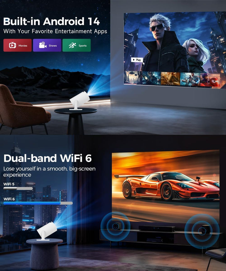 Mini Beamer 4K Unterstützt Android 11, Smart Projector 5G WiFi 6 BT 5.0, Mini Projektor Full HD 1080