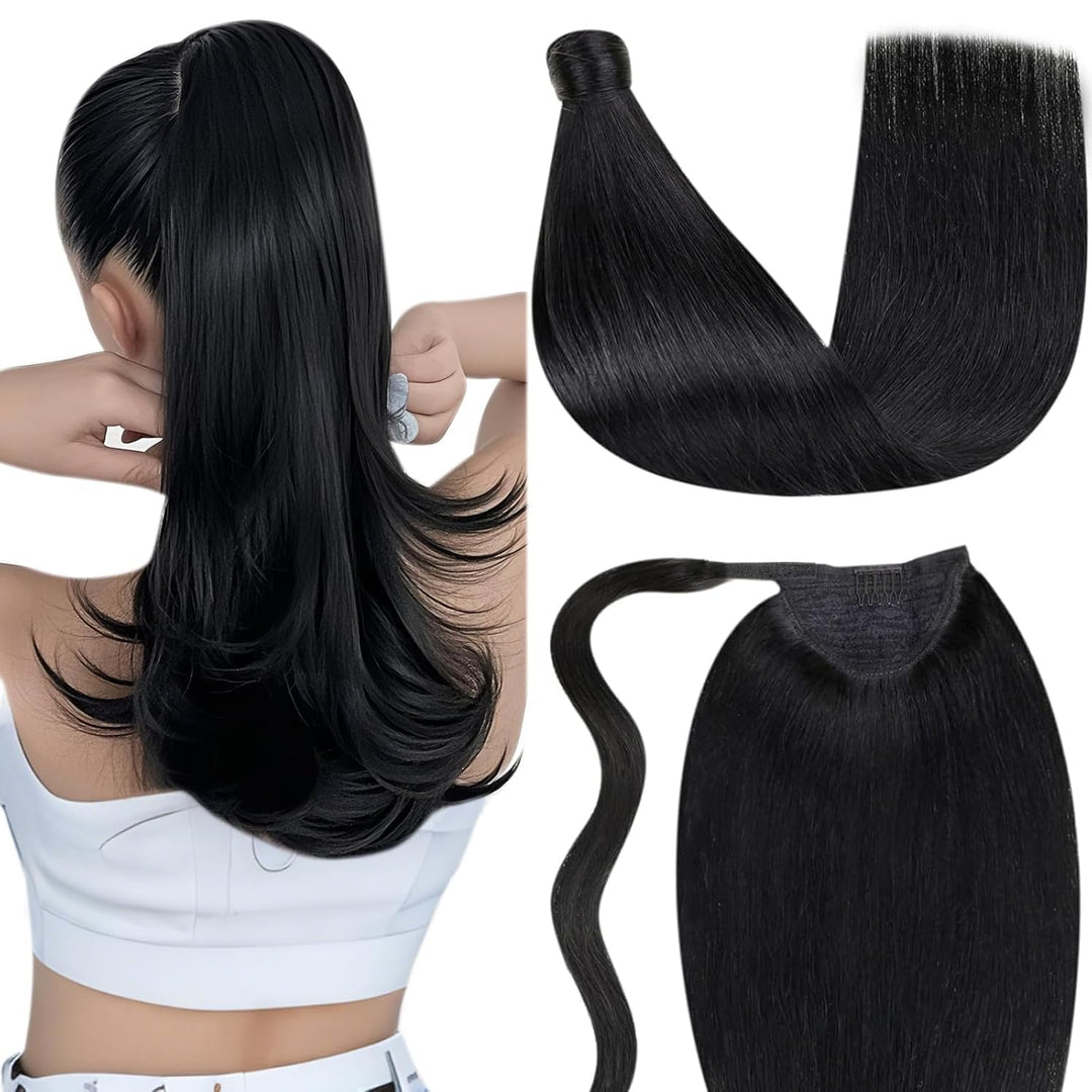 LaaVoo Zopf Extension Echthaar Schwarz Echthaar Pferdeschwanz Extensions Easy Fit Ponytail Extension