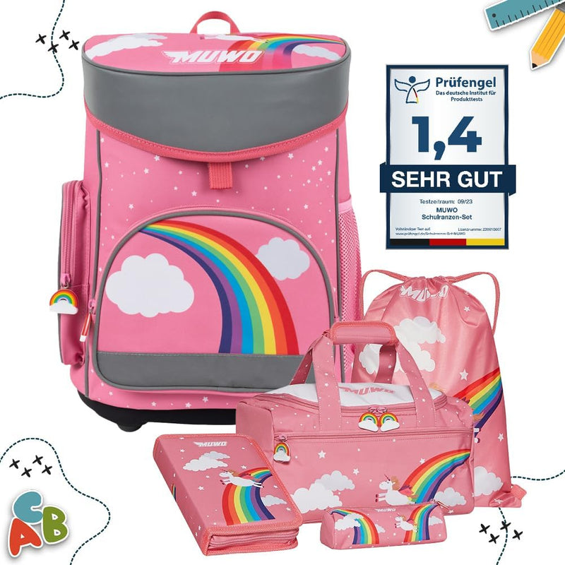 MUWO Kinder Schulranzen Set 5tlg. ergonomischer leichter Schulrucksack mit Sporttasche, Turnbeutel,