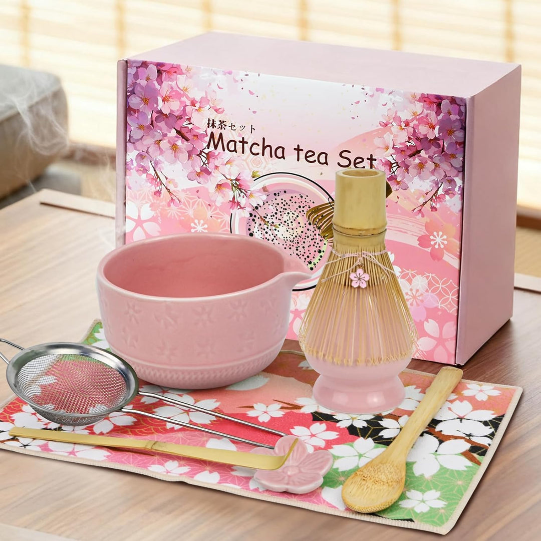 Matcha Set- 8 Stück Macha Tea Set mit Besen, Filtersieb, Schale,Löffel Teetuchunterlage,Geschenkset