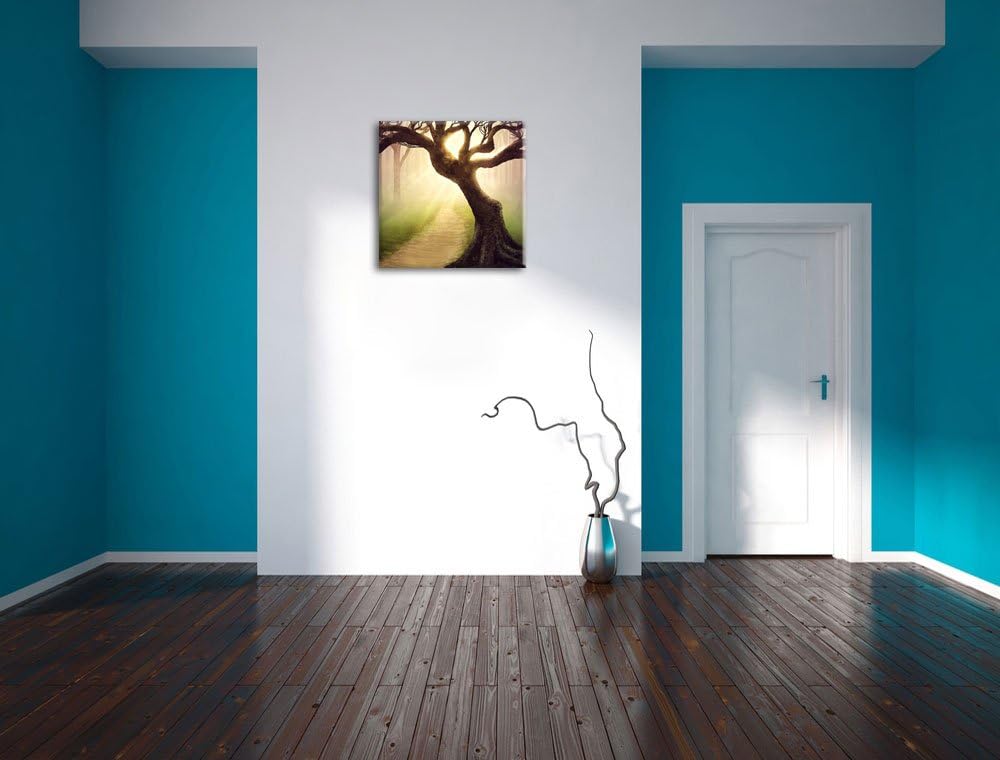 Riesiger Baum am Waldweg, Format: 70x70 auf Leinwand, XXL riesige Bilder fertig gerahmt mit Keilrahm