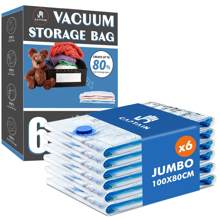 6 Stück Vakuumbeutel für Bettdecken 6 JUMBO (100 x 80cm), Vakuumierbeutel Kleidung, Vakuum Kleiderbe