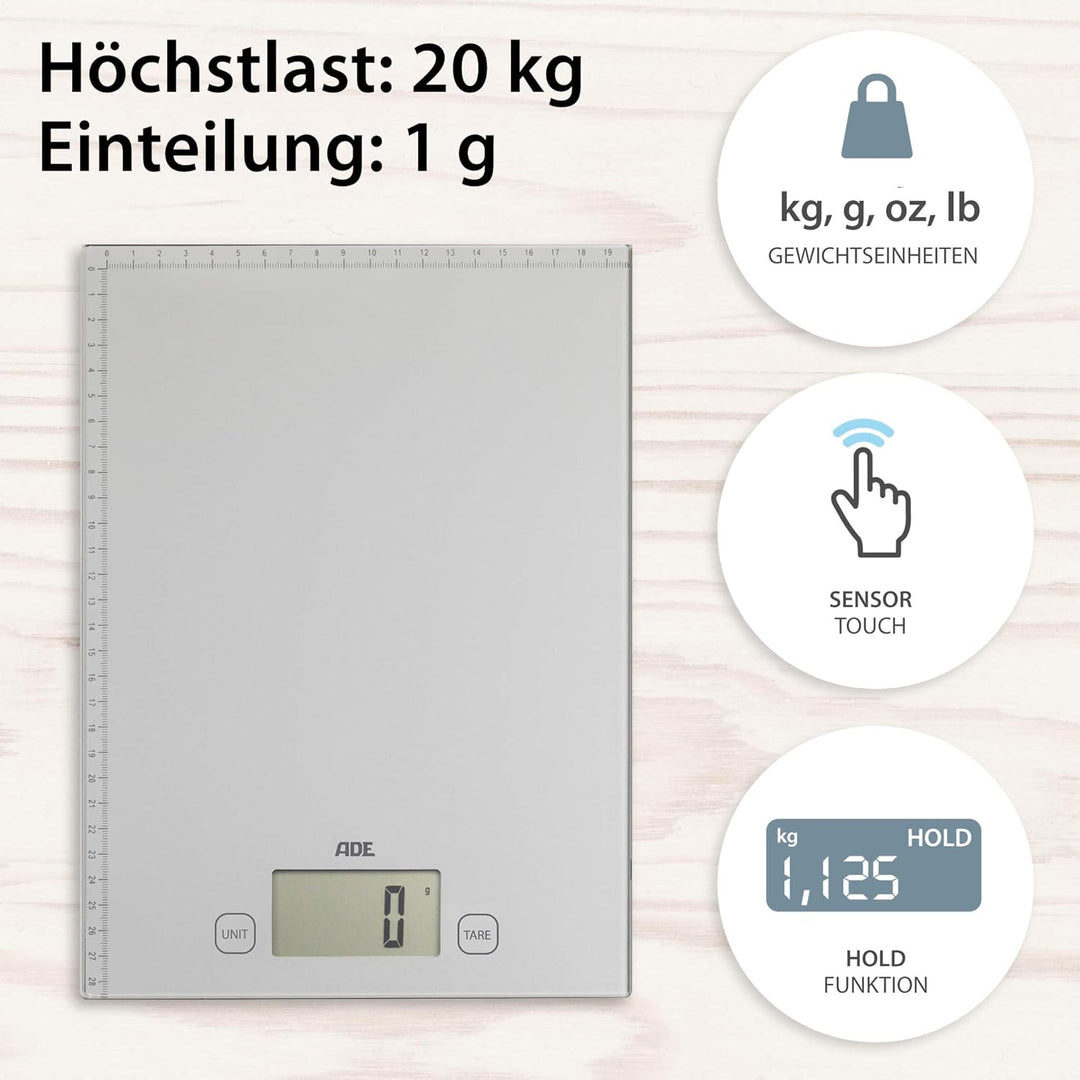 ADE Digitale Briefwaage mit XXL-Wiegefläche und aufgedrucktem Lineal | bis zu 20 kg