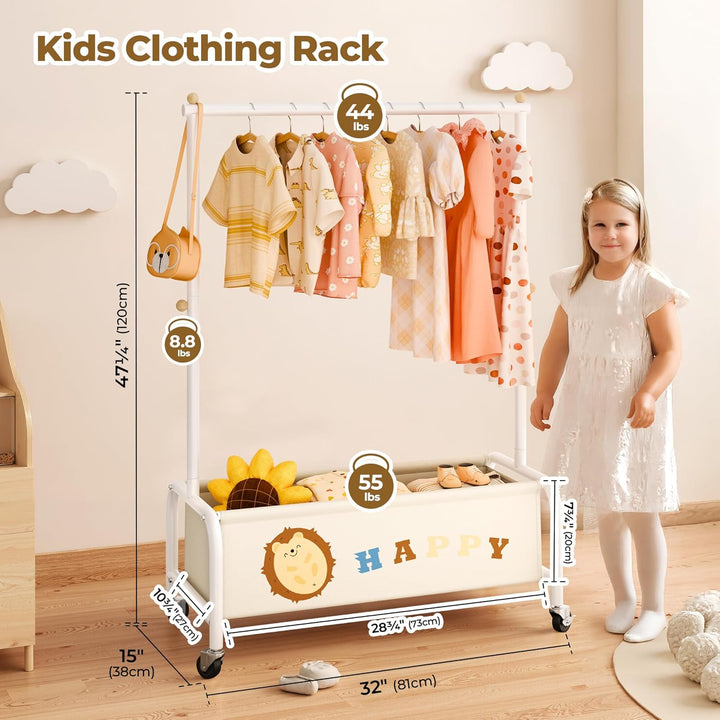 GRANNY SAYS Kleiderständer Kinder mit Aufbewahrungskiste, Kinder Kleiderstange auf Rollen, beige Kin
