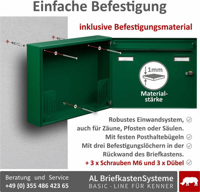 AL Briefkastensysteme Basic 1er Briefkasten RAL 6005 Moos Grün 1 Fach DIN A4 wetterfest Briefkastena