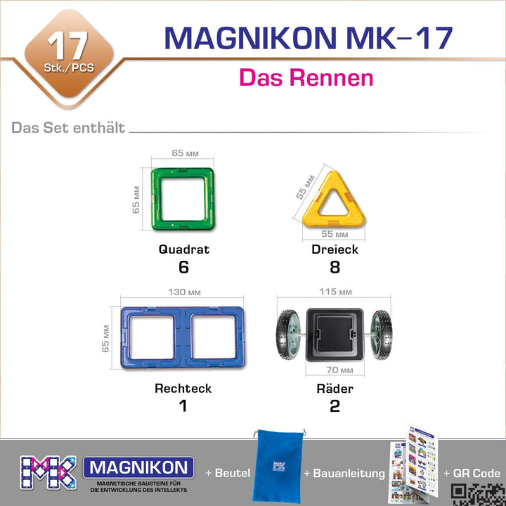 MK MAGNIKON Magnetische Bausteine, Magnetisches Bauset MK-17 Das Rennen, 17 Teile, Standardgrösse, B