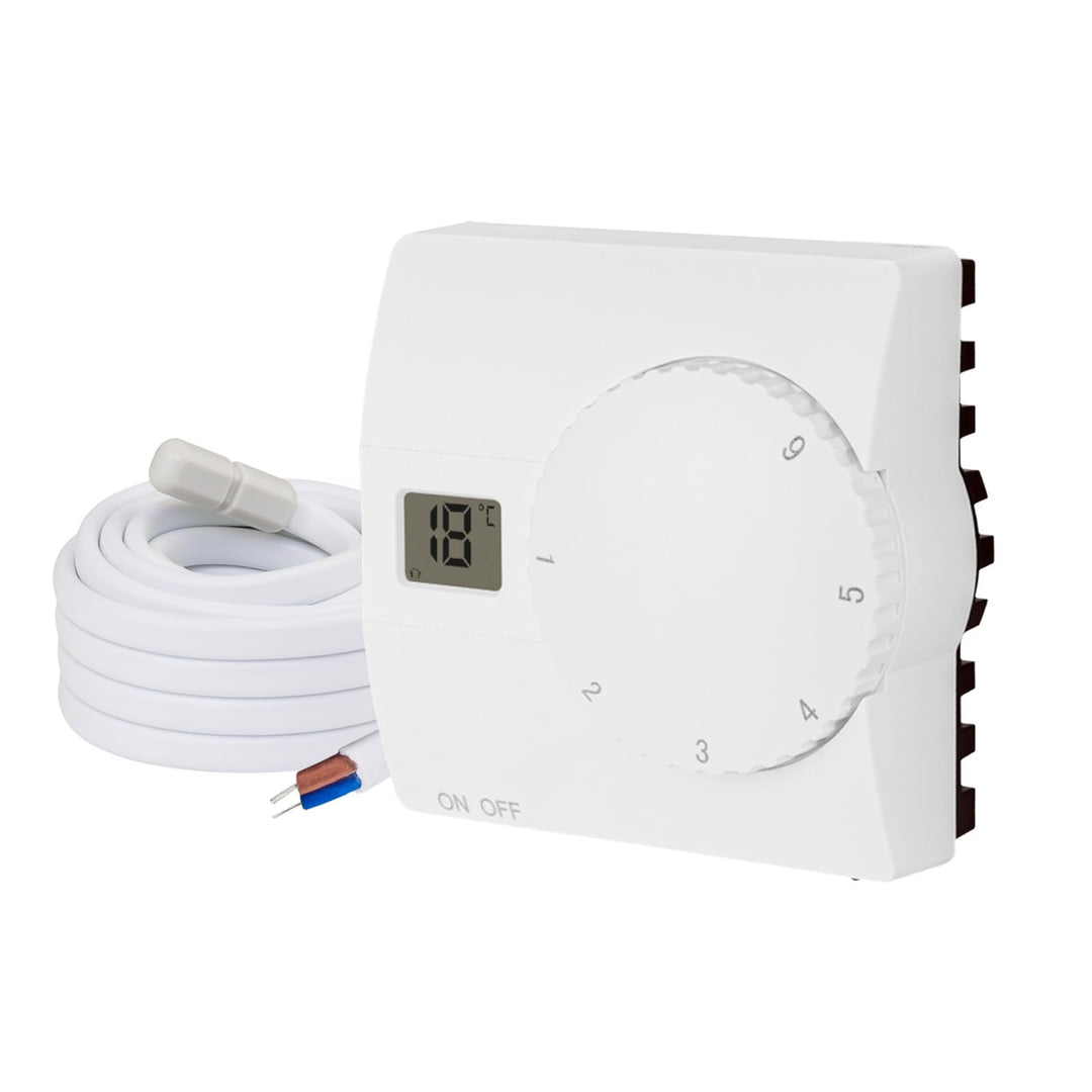 Aufputz Raumthermostat Digital 230V weiss mit internem u. externem Sensor für Wasser- u. elektrische
