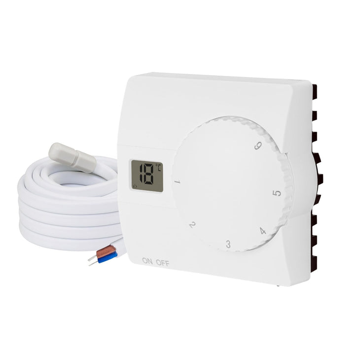Aufputz Raumthermostat Digital 230V weiss mit internem u. externem Sensor für Wasser- u. elektrische