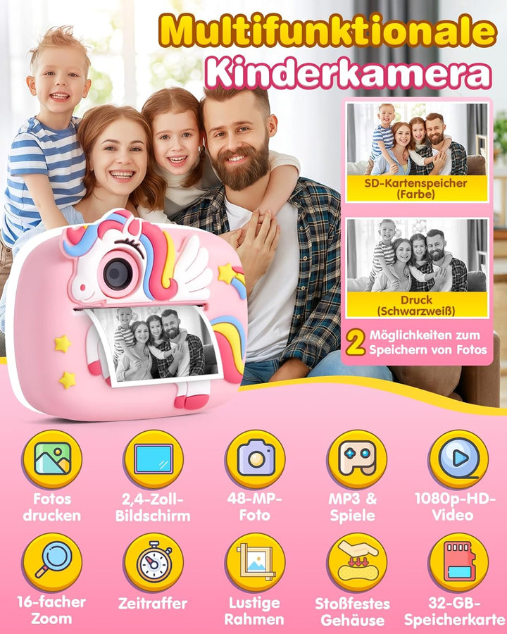 Kinderkamera, 48MP 1080P Sofortbildkamera Kinder Kamera Sofortdruck mit 32GB Karte &amp; 4 Rollen Fotos