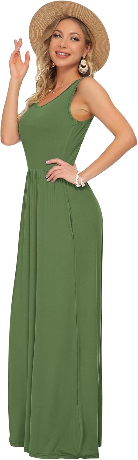AUSELILY Damen Sommer Ärmelloses, lockeres Maxikleid Lässiges, langes Kleid mit Taschen Armee Grün M