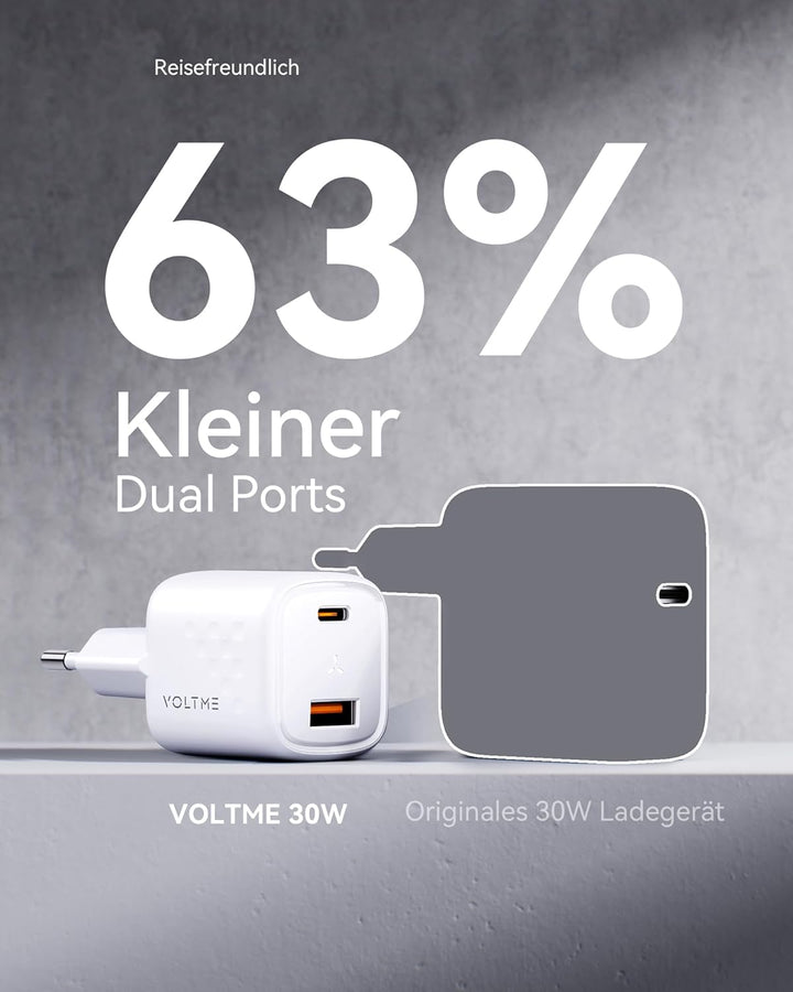 VOLTME 30W USB C Ladegerät 2-Port Ladestecker Schnellladegerät Weiss Dual-Port USB C PD 3.0 & QC 3.0